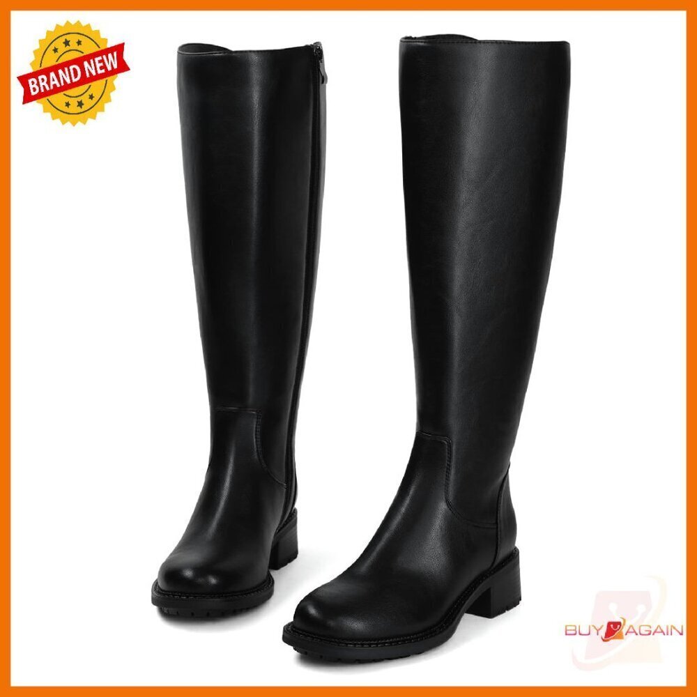 Knee High Boots Round Toe Flat Heel Faux Leather Women's Size